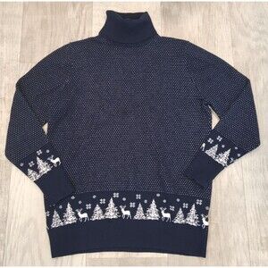 LL Bean Cashmere Blend Turtleneck Pullover Women's L Navy Holiday Fair Isle Top